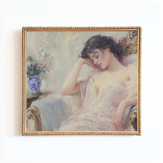 French Woman Reclining Vintage Oil Painting Romantic Coquette Poster