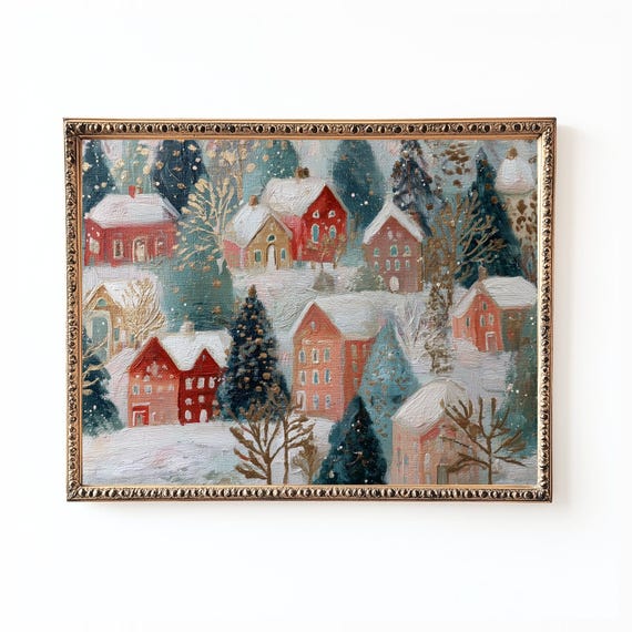 Christmas Village Art Print, Snowy Winter Town