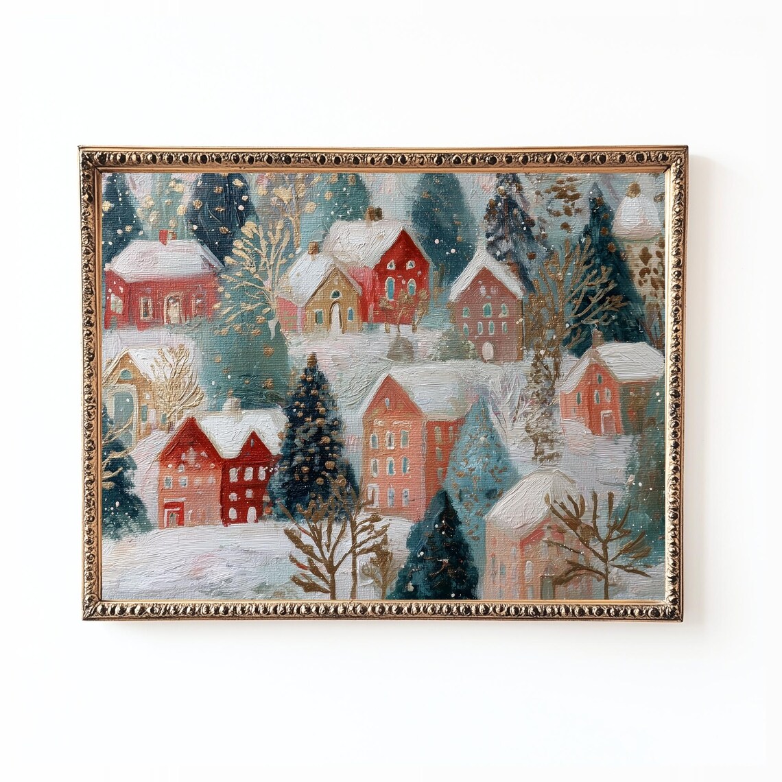 Christmas Village Art Print, Snowy Winter Town