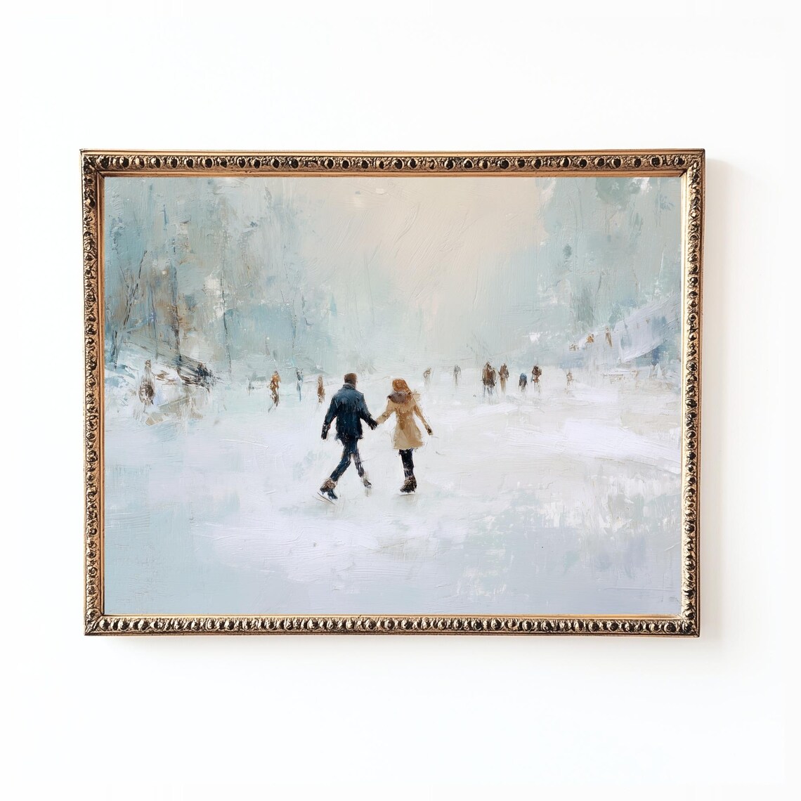 Ice Skating Couple Romantic Soft Winter Pastel Painting Wall Art