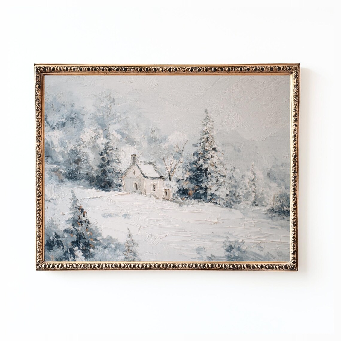Snowy Cabin Landscape Art Print, Rustic Winter