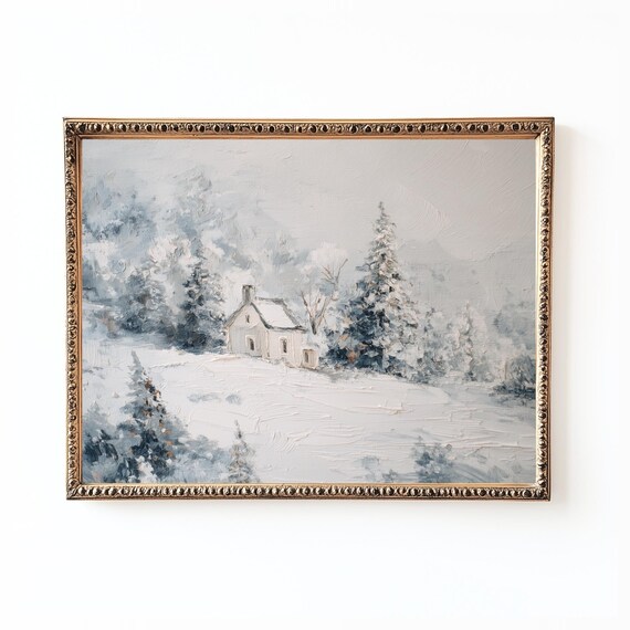 Snowy Cabin Landscape Art Print, Rustic Winter