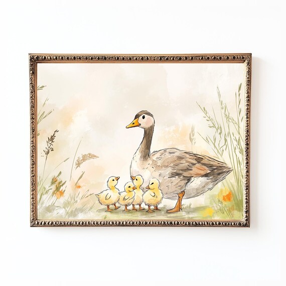 Mother Duck with Baby Ducklings Pastel Nursery Watercolor Print