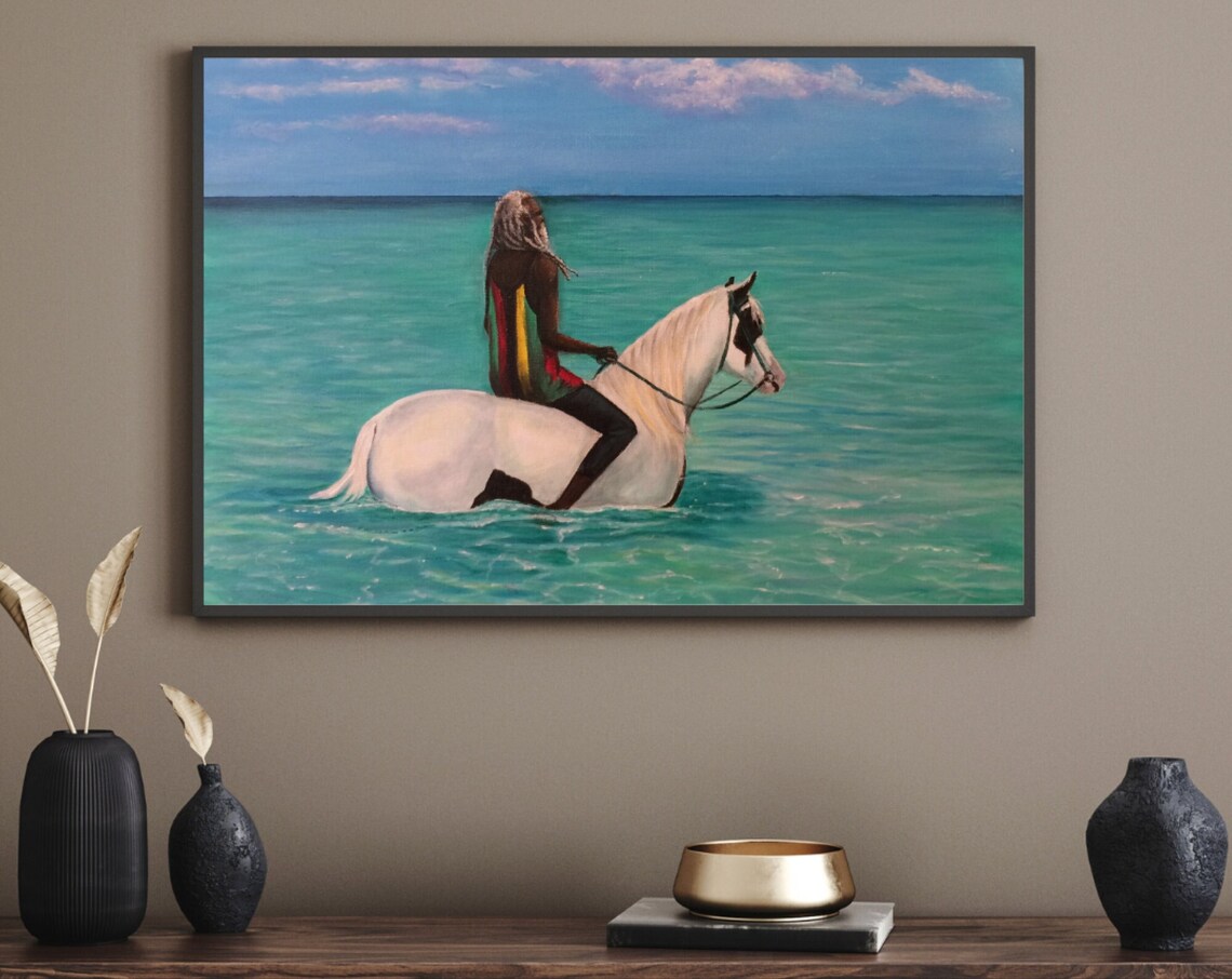 Woman Riding White Horse Turquoise Ocean Shallow Sea Beach Poster - Image 2