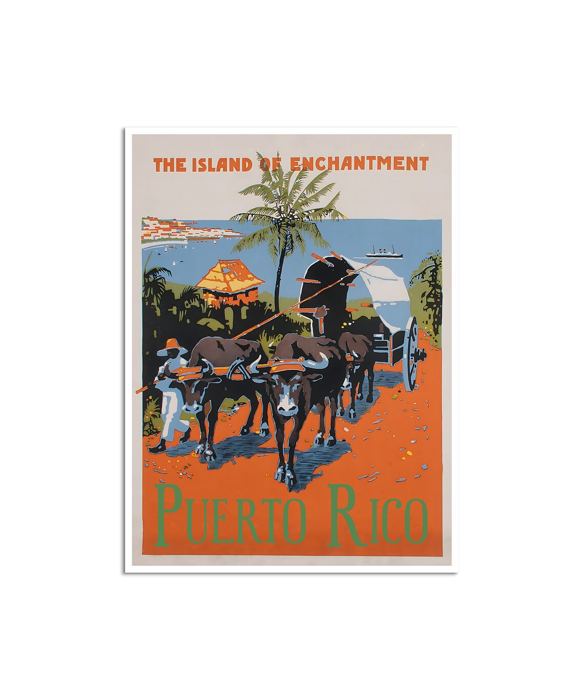 Puerto Rico Island Of Enchantment Oxcart Palms Vintage Poster