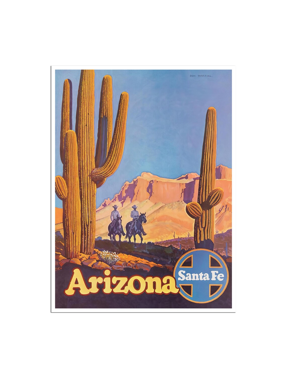 Arizona Santa Fe Cowboys Saguaro Desert Vintage Railroad Poster