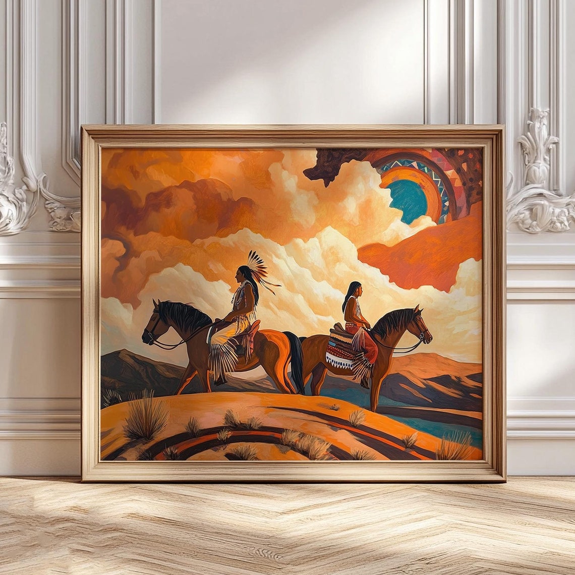 Native American Horse Riders Glowing Desert Sunset Art Poster