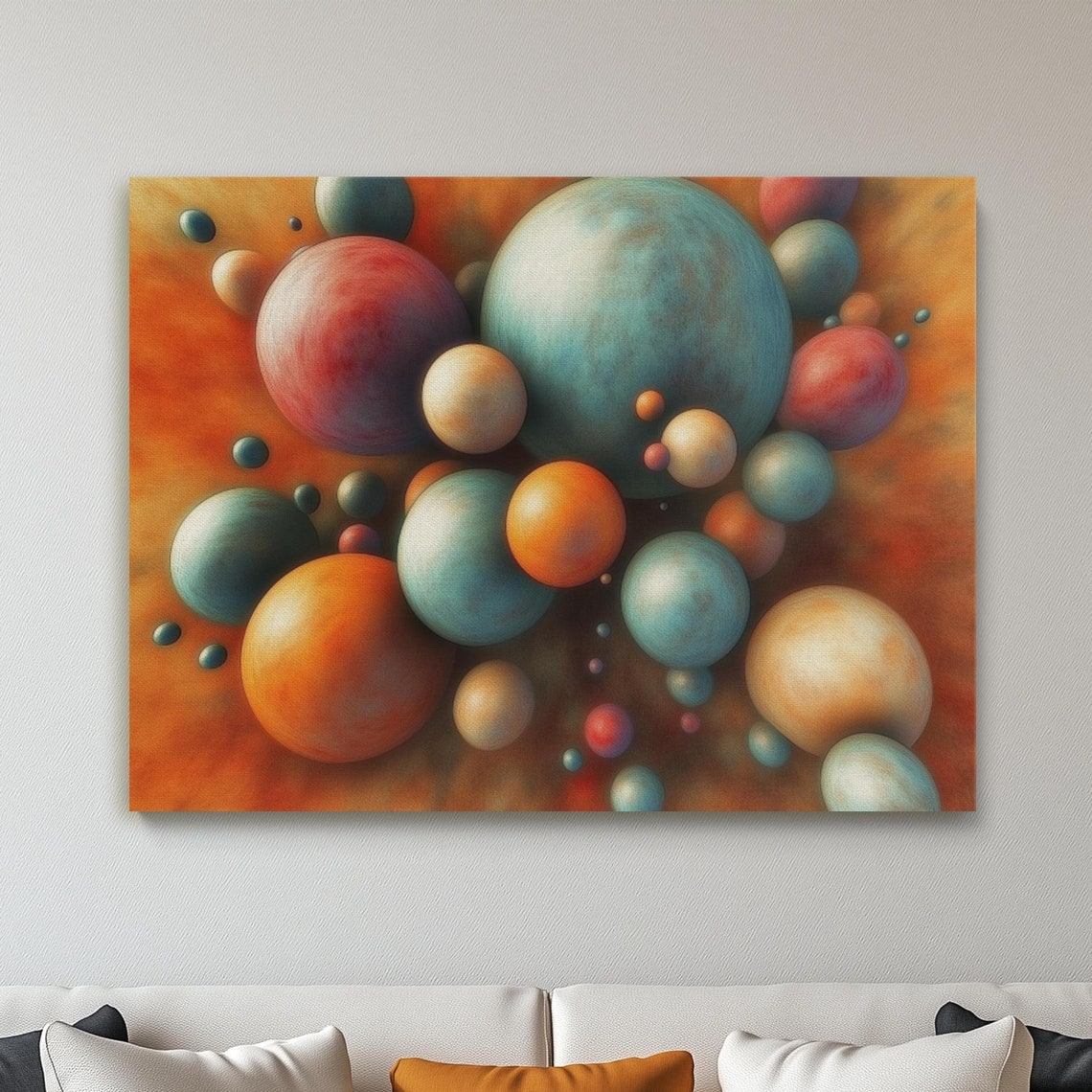Floating 3D Spheres Orange Teal Balls Modern Abstract Art Poster