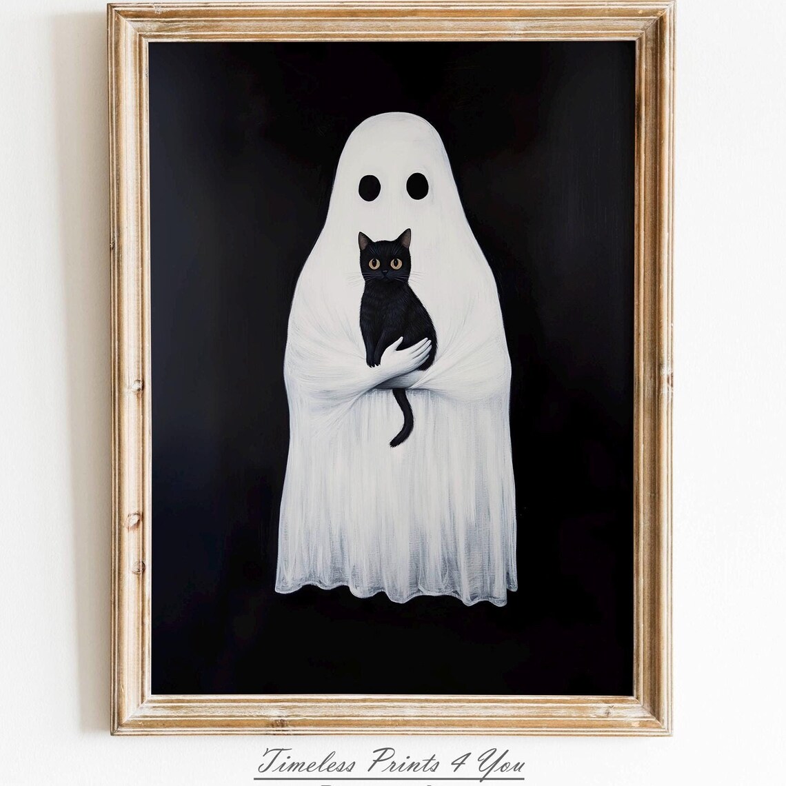 Cute Sheet Ghost Holding Black Cat Vintage Halloween Art Poster
