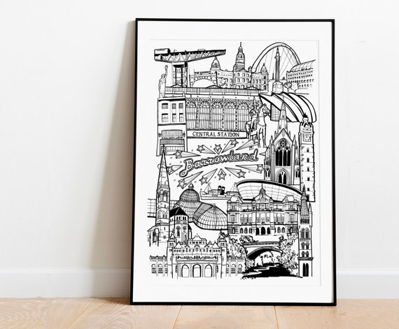 Glasgow Landmark Illustration Print Scottish Skyline Art