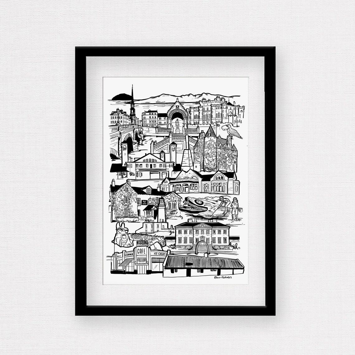 Ayrshire Scotland Landmarks Black White Coastal Line Artwork Poster