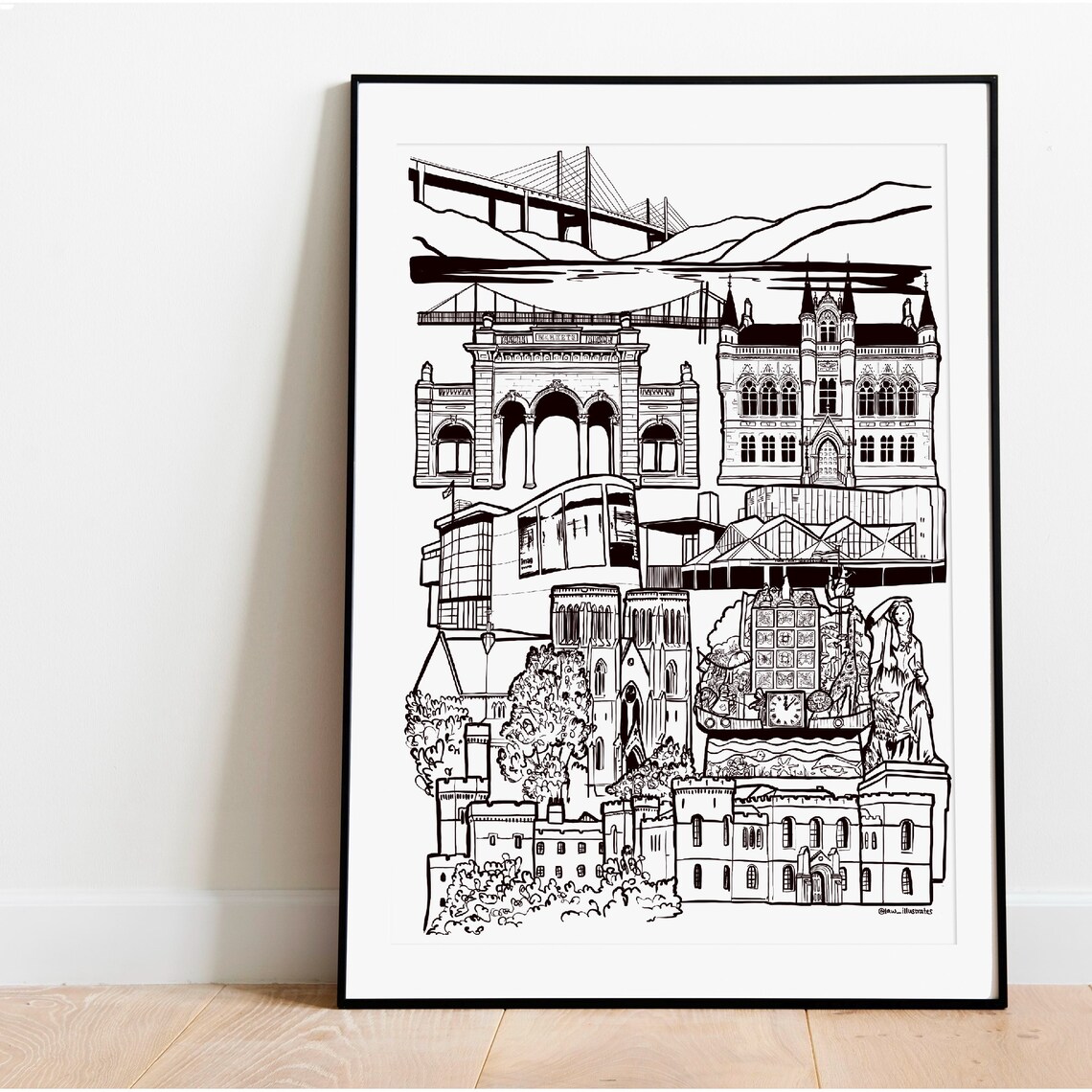 Inverness Scotland Landmark Sketch Collage Bridge Castle Illustration Poster