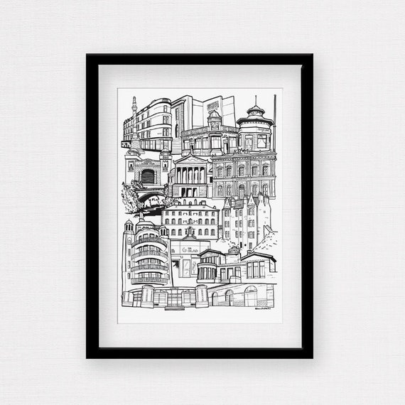 Framed Glasgow Southside Landmarks Illustration Scottish Gift