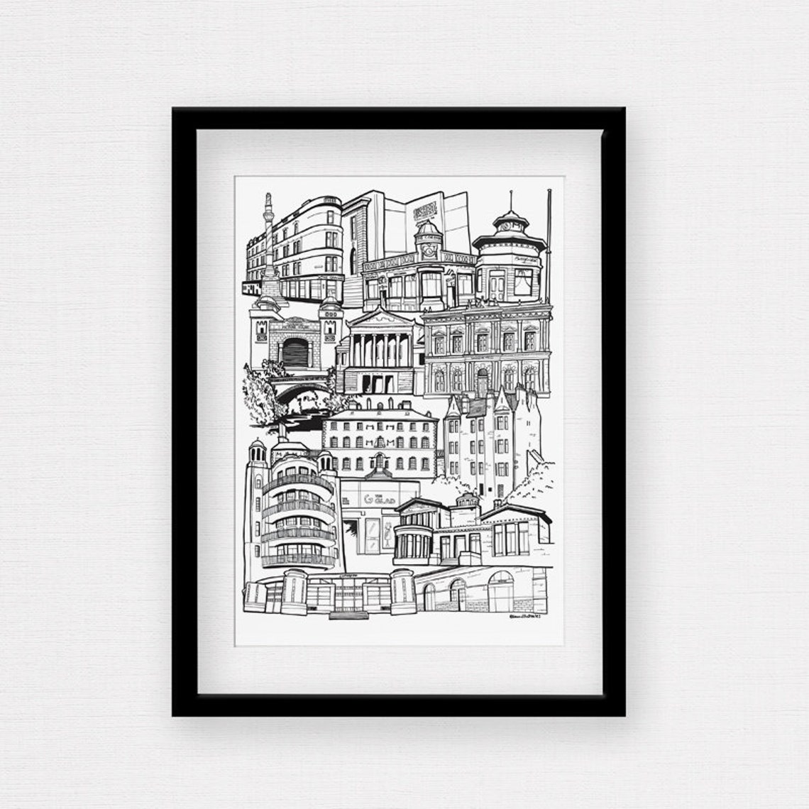 Glasgow Southside Landmarks Black And White Sketch Art Print