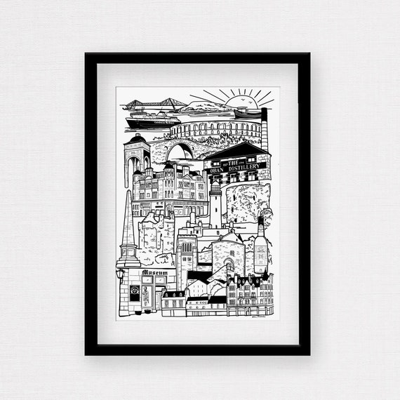 Framed Oban Illustration Print Scottish Travel Gift