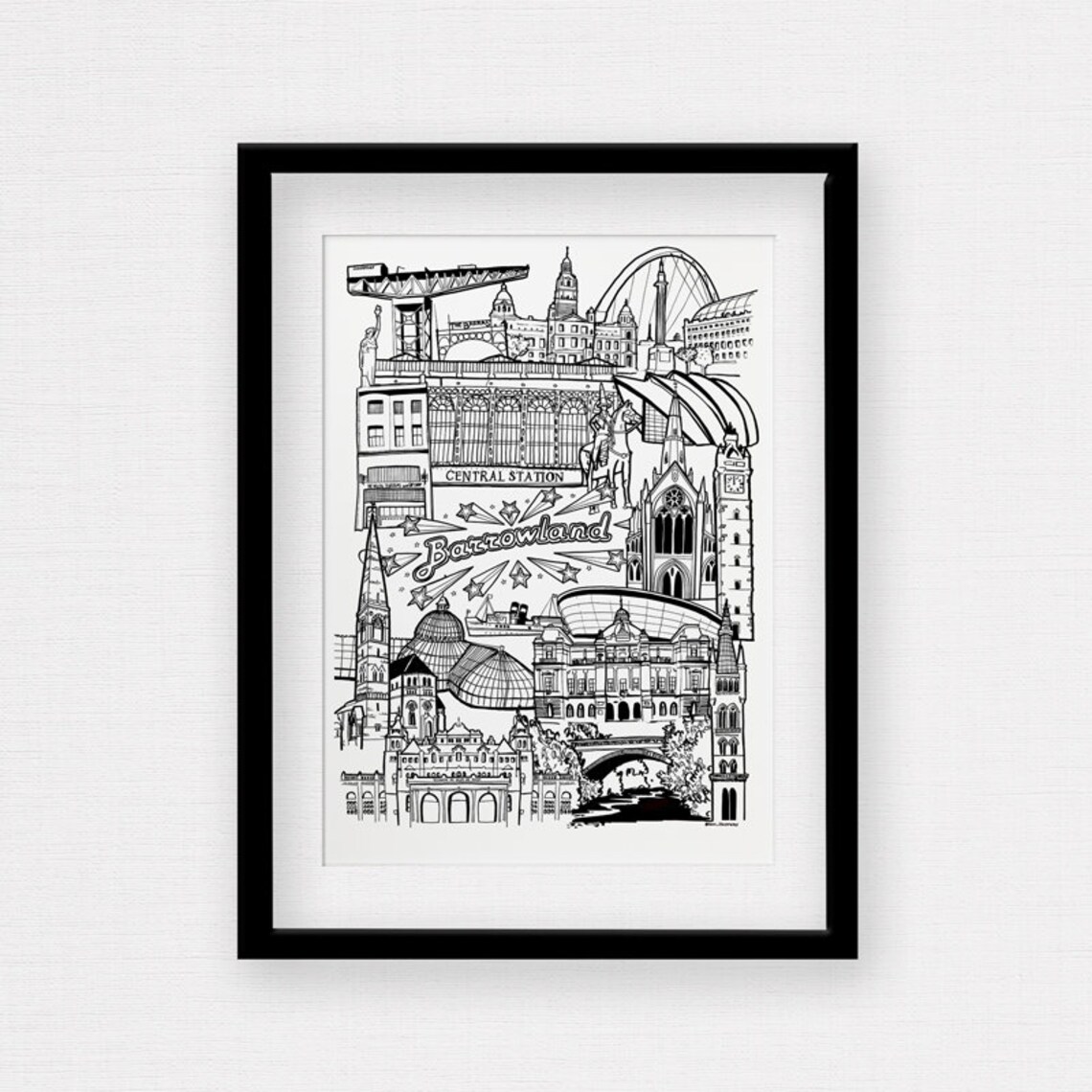 Framed Glasgow Landmark Print Black White Skyline Illustration