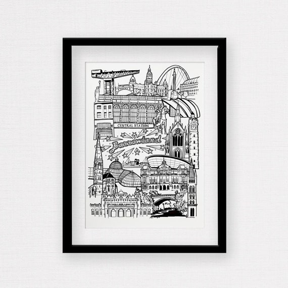 Framed Glasgow Landmark Print Black White Skyline Illustration