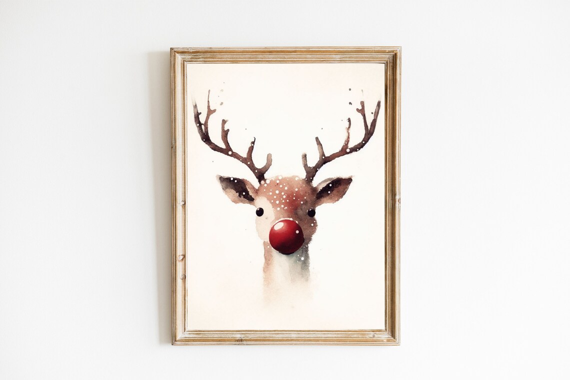 Reindeer Print, Rudolph Holiday Watercolour Poster - Image 2