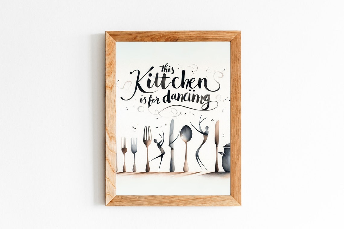 This Kitchen Is for Dancing Dancing Cutlery Watercolor Quote Poster - Image 2