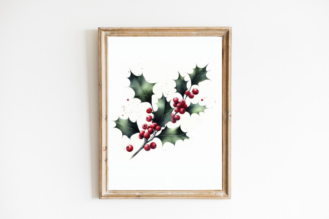 Holly Berry Leaves Watercolor Red Berries Christmas Decor Poster
