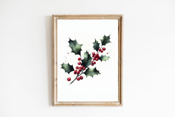 Holly Berry Leaves Watercolor Red Berries Christmas Decor Poster