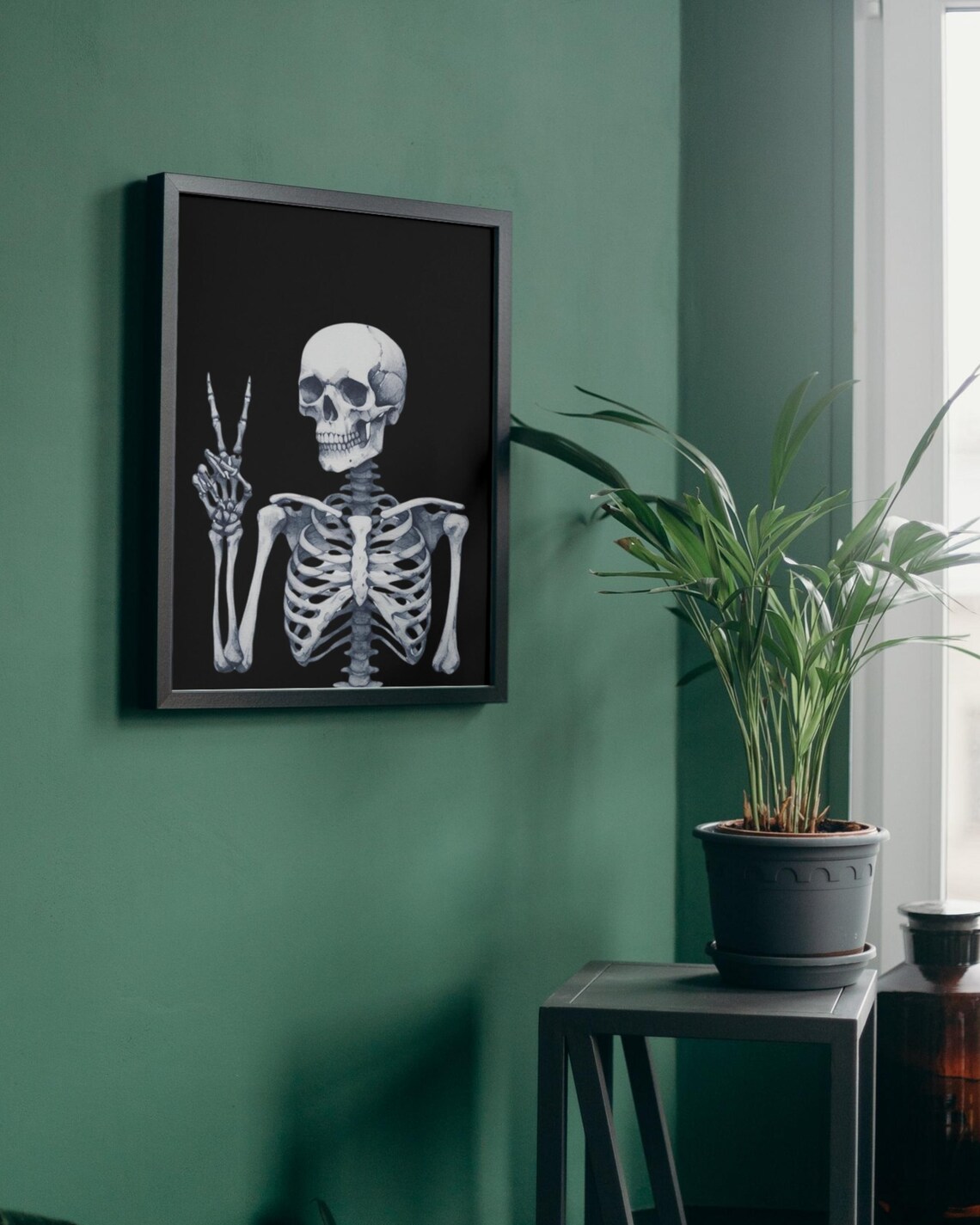 Skeleton Peace Sign Poster Black Watercolor Spooky Halloween Wall Decor - Image 2