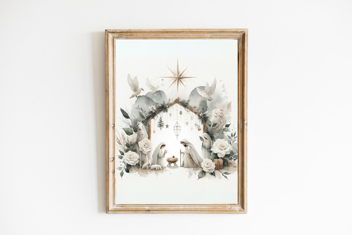 Christmas Nativity Watercolor Print, Christian Faith