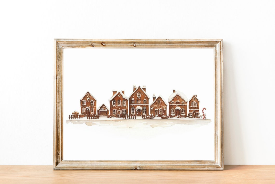 Gingerbread House Christmas Village Watercolor Holiday Wall Art