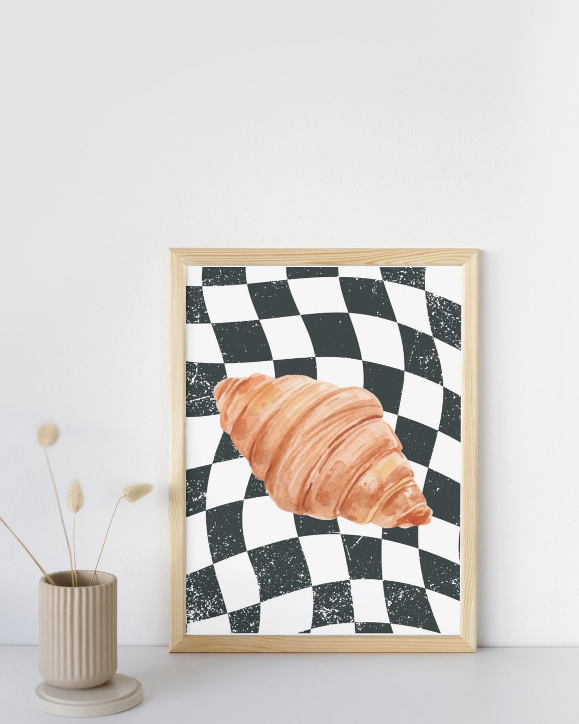 Retro Croissant Watercolor Art Wavy Checkerboard Kitchen Decor Poster - Image 3