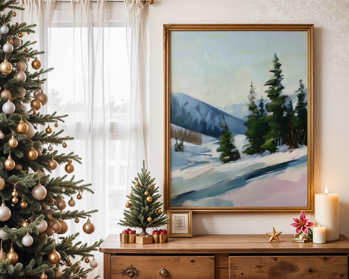 Snowy Mountain Winter Landscape Oil Painting Holiday Christmas Poster