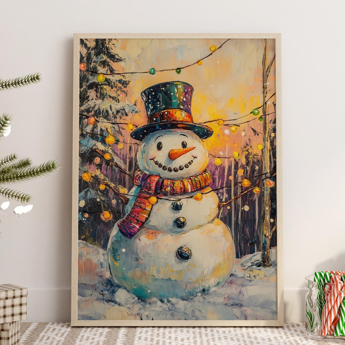 Snowman Winter Holiday Print, Vintage Christmas Painting