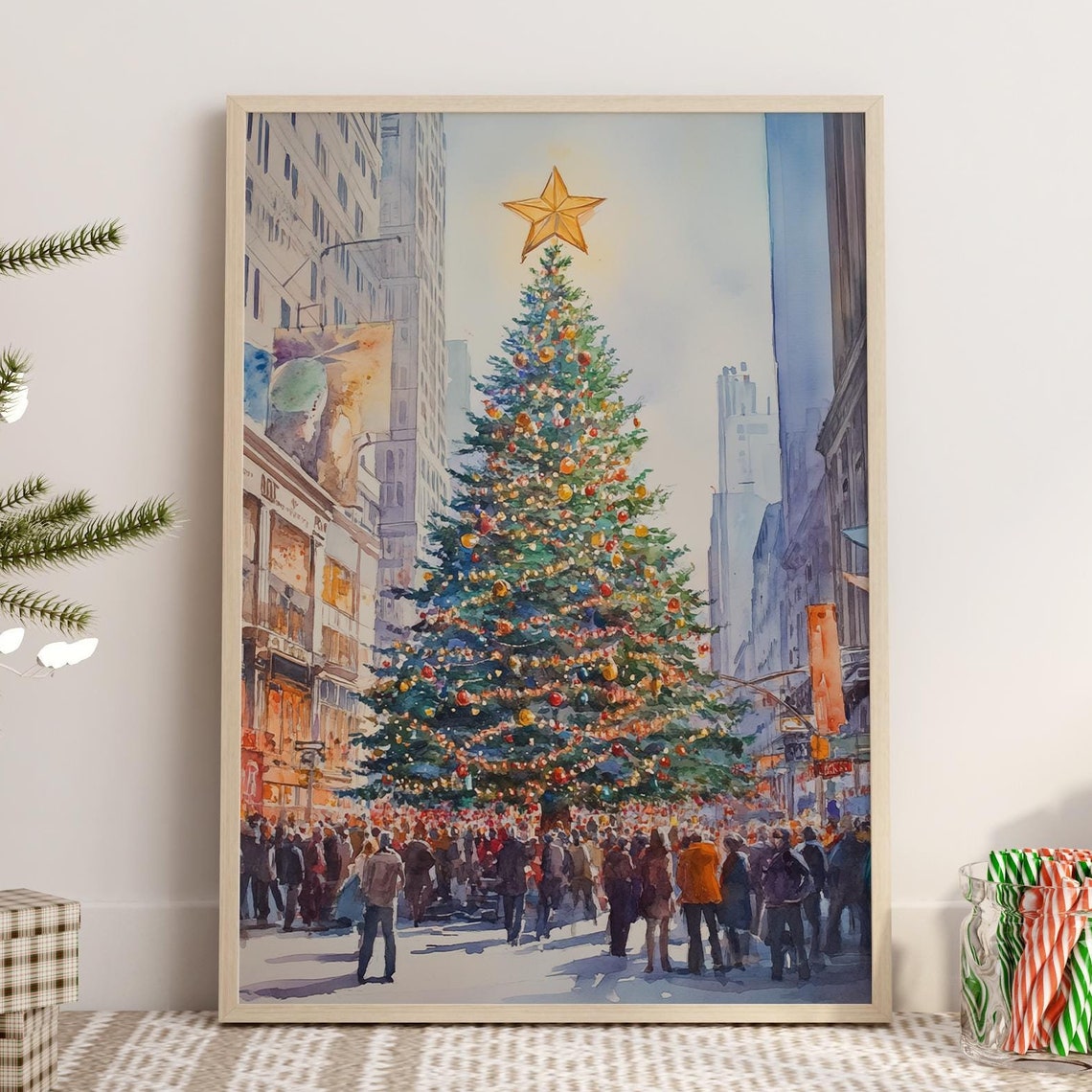 Christmas Tree Winter Watercolor Painting, Holiday Poster