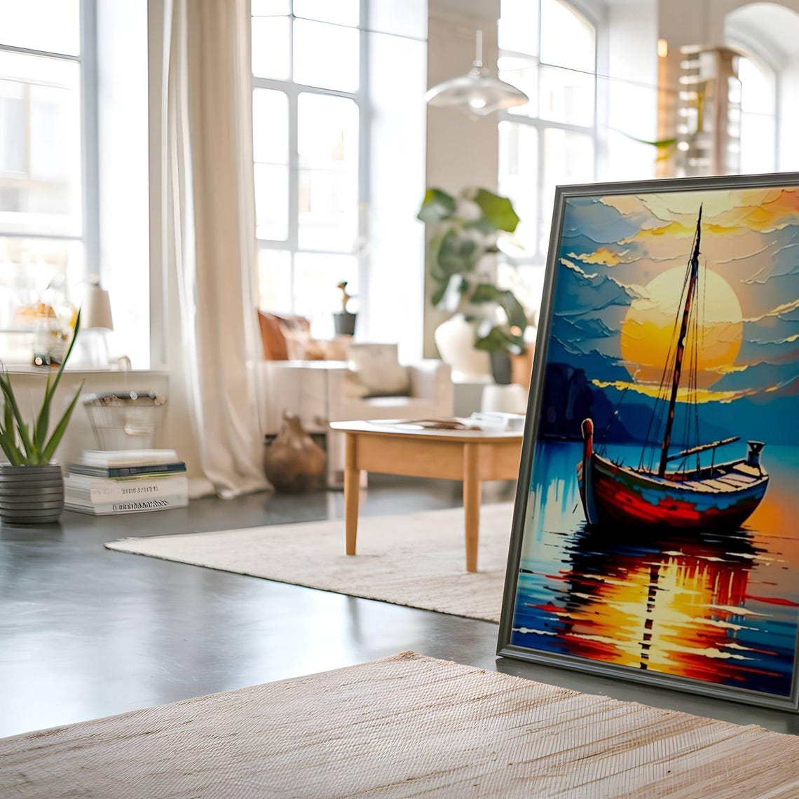 Nautical Decor Breathtaking Sunset Over Tranquil Lake With Vivid Sailboat Reflection Art Print Coastal Wall Art Home Decor - Image 3