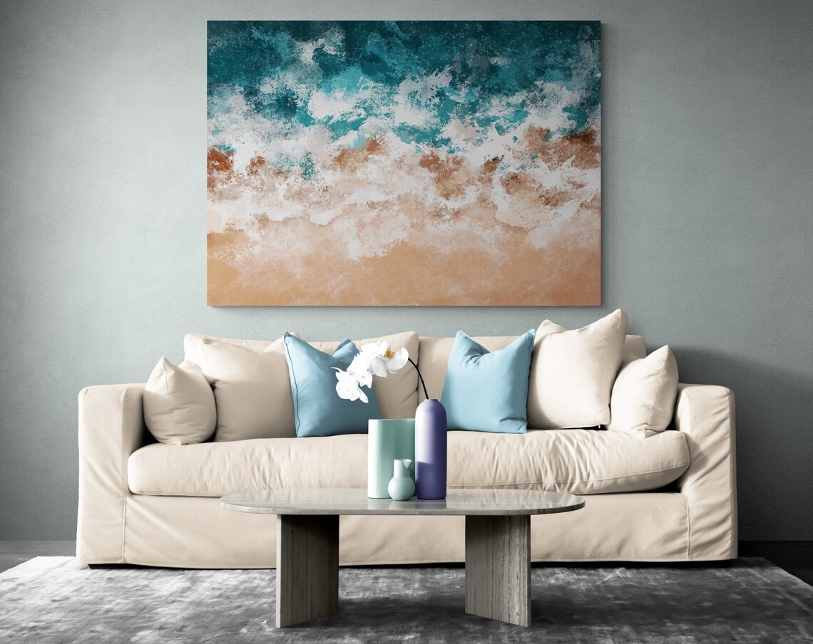 Teal Ocean Waves Over Sandy Beach Abstract Aerial Art Poster - Image 2