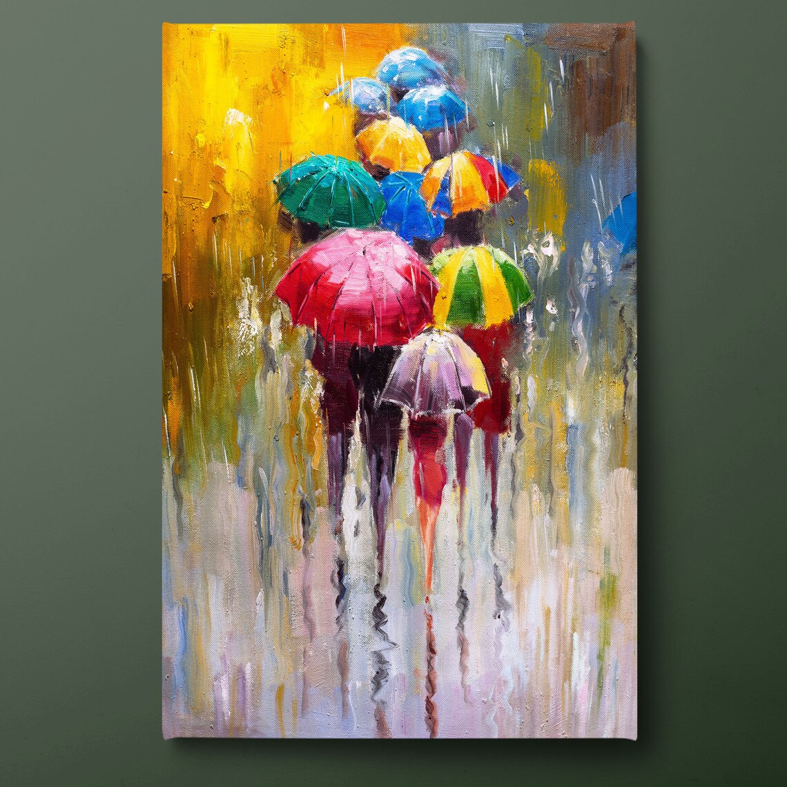 People With Colorful Umbrellas In Rain Impressionist Oil Art Poster