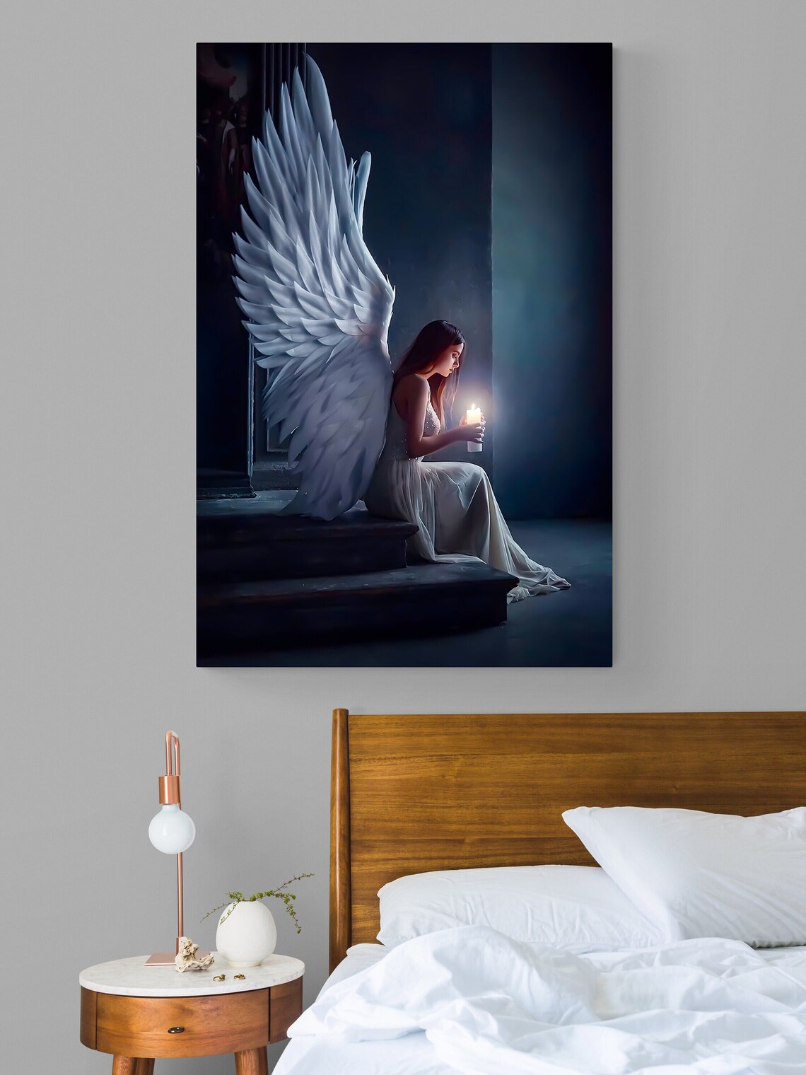 Angel Woman With White Wings Holding Candle On Steps Art Poster - Image 2