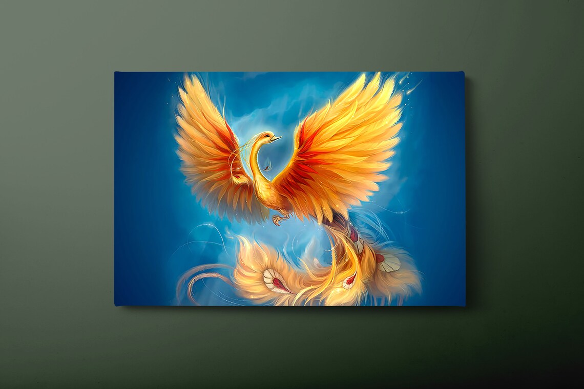 Golden Phoenix Rising Against Deep Blue Sky Mythology Art Poster
