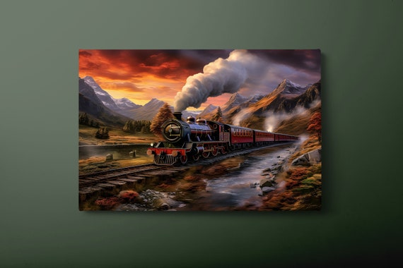 Express Train Wall Art Nature Mountains Landscape Print Coal Train Painting Ready To Hang