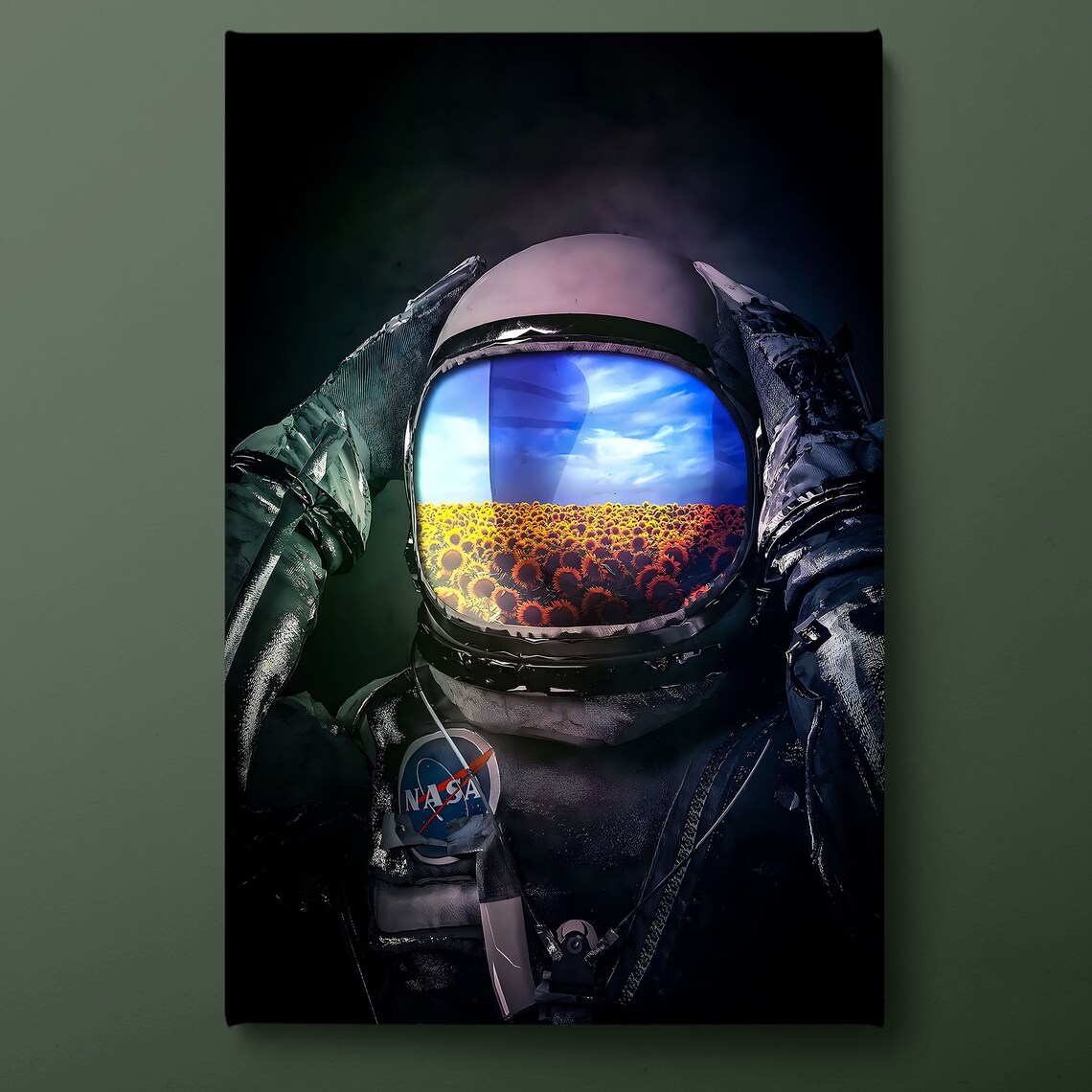 Astronaut Standing In Sunflower Field Blue Sky Surreal Wall Art