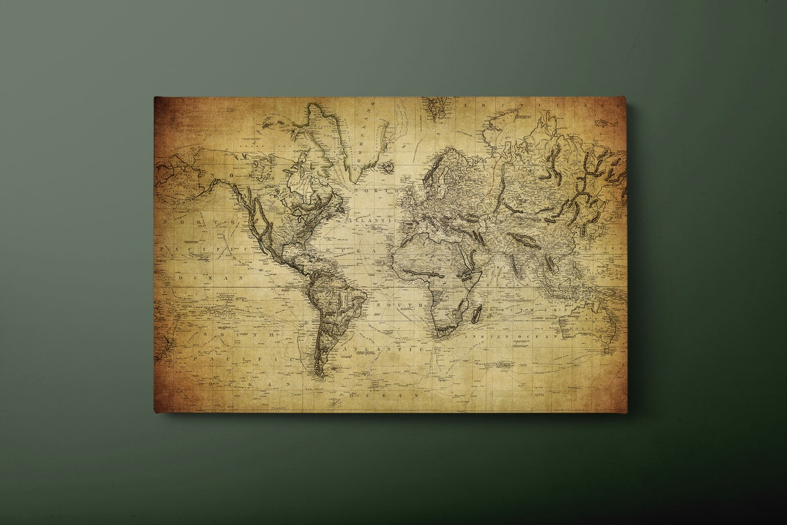 Vintage Sepia World Map Old Chart Antique Decorative Wall Print Poster