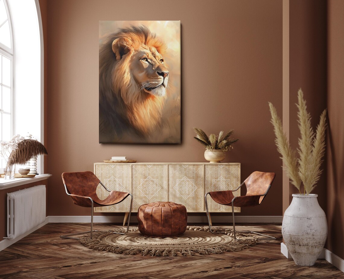 Male Lion Profile Against Golden Sunset Sky Safari Wildlife Art Poster - Image 2