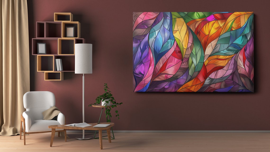 Rainbow Stained Glass Leaves Colorful Botanical Wall Art Decor Poster - Image 2