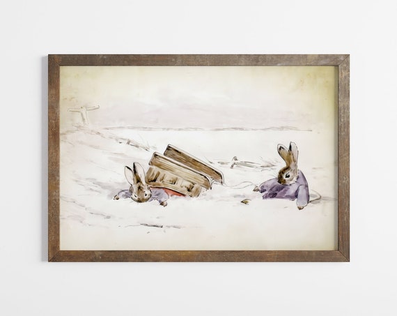 Beatrix Potter Vintage Rabbit Illustration Kids Storybook Wall Art Room Winter Landscape Cute Bunny Print