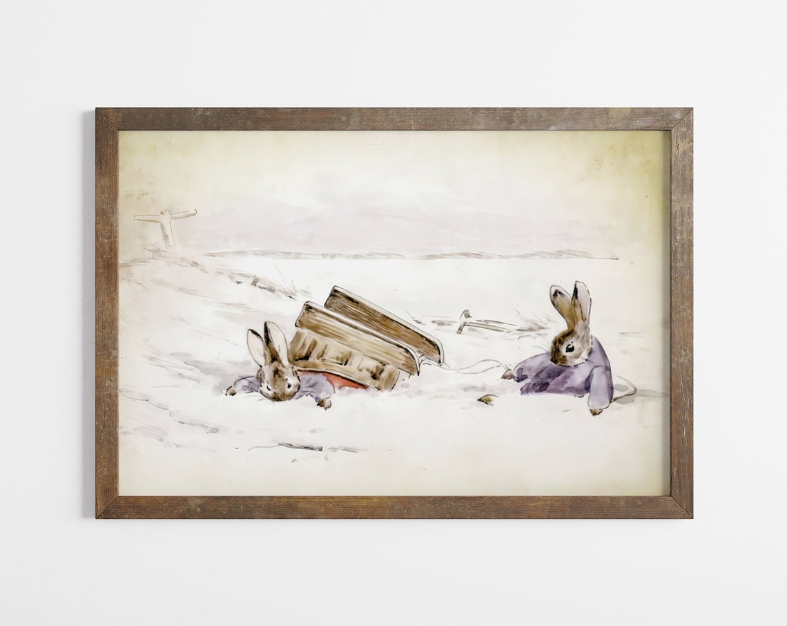Peter Rabbit Style Rabbits Pulling Cart Snow Vintage Storybook Poster