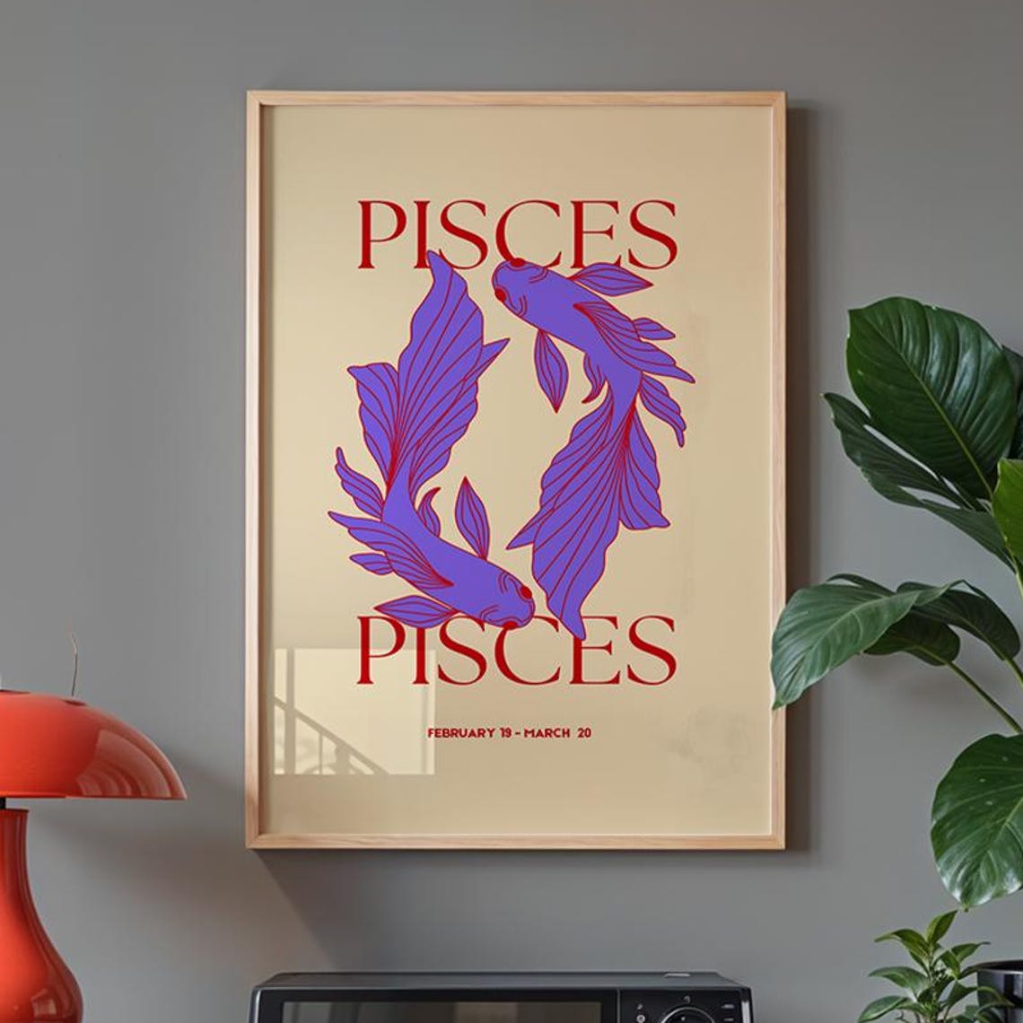 Pisces Zodiac Purple Koi Fish Retro Astrology Sign Art Poster