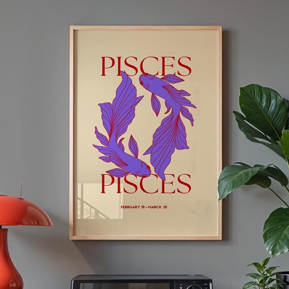 Pisces Zodiac Purple Koi Fish Retro Astrology Sign Art Poster