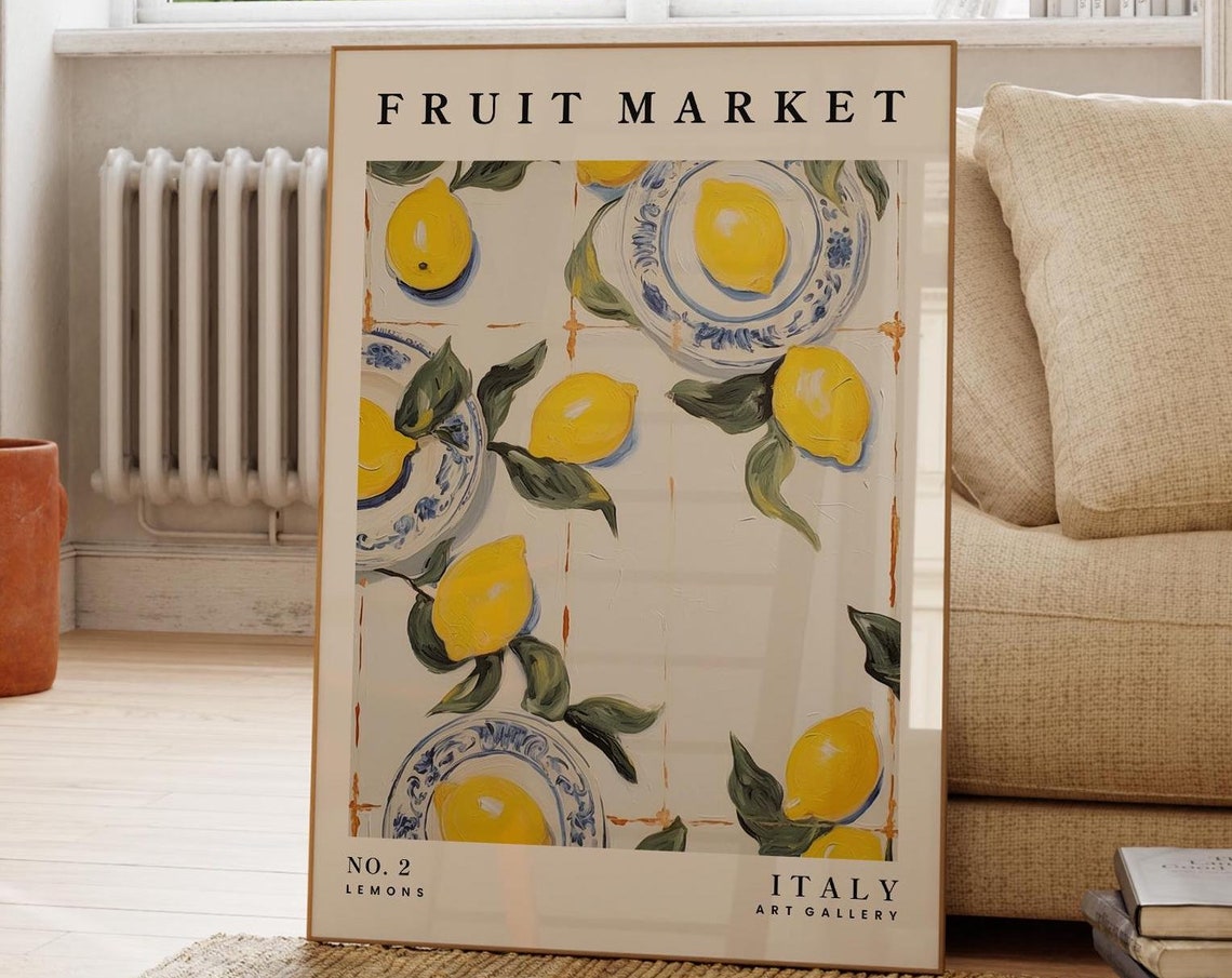 Fruit Market Italy Lemons On Blue Tiles Painterly Kitchen Art Poster
