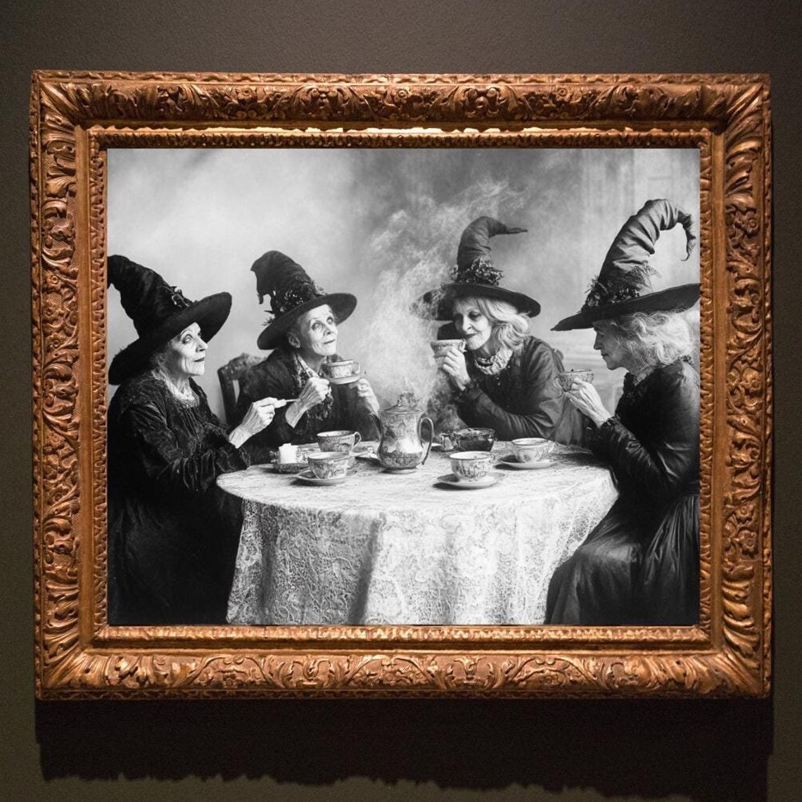Four Witches Tea Party Vintage Black And White Halloween Poster
