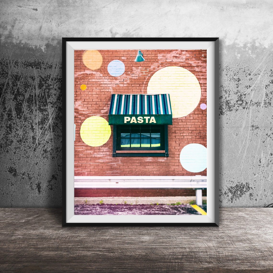 Pasta Window Striped Awning Brick Wall Polka Dot Photo Poster