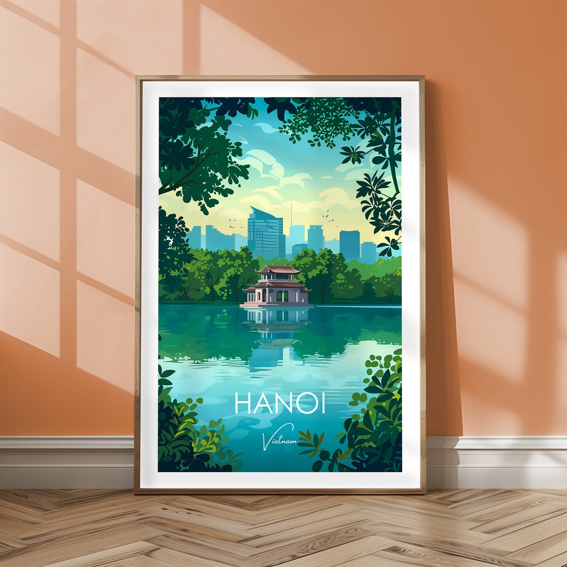Hanoi Vietnam Hoan Kiem Lake Turtle Tower Skyline Travel Poster